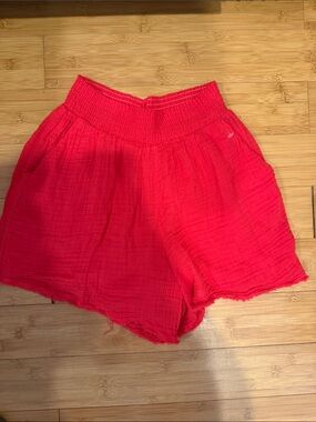 Michael Stars Red Gauze High-Waist Smocked Shorts